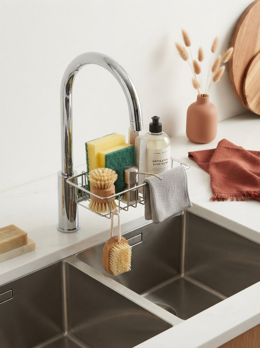 A stainless steel sink caddy organiser holding sponges and brushes on a white countertop with terracotta and sienna decor.